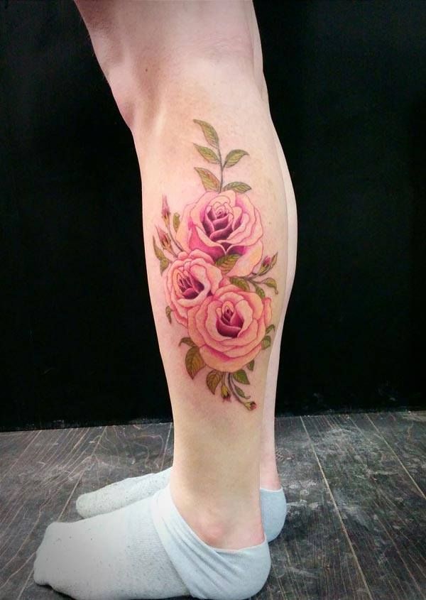 Pink Ink Roses Tattoo On Left Leg Calf