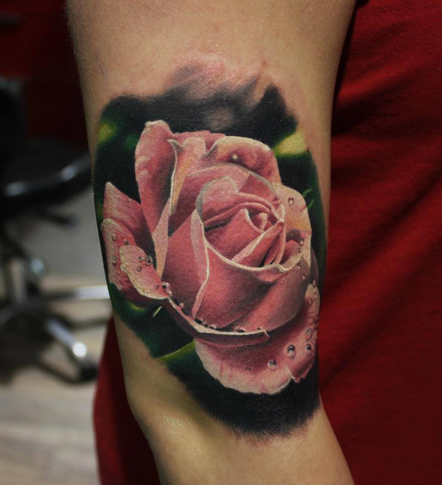 Pink Rose Tattoo On Right Bicep