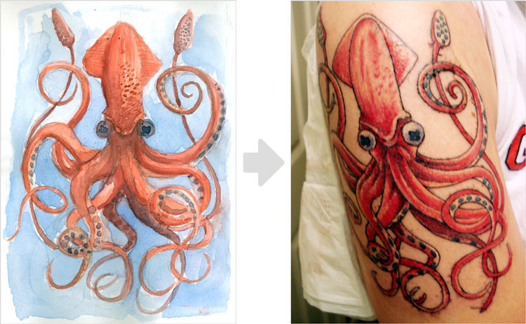 Pink Squid Tattoo On Right Half Sleeve