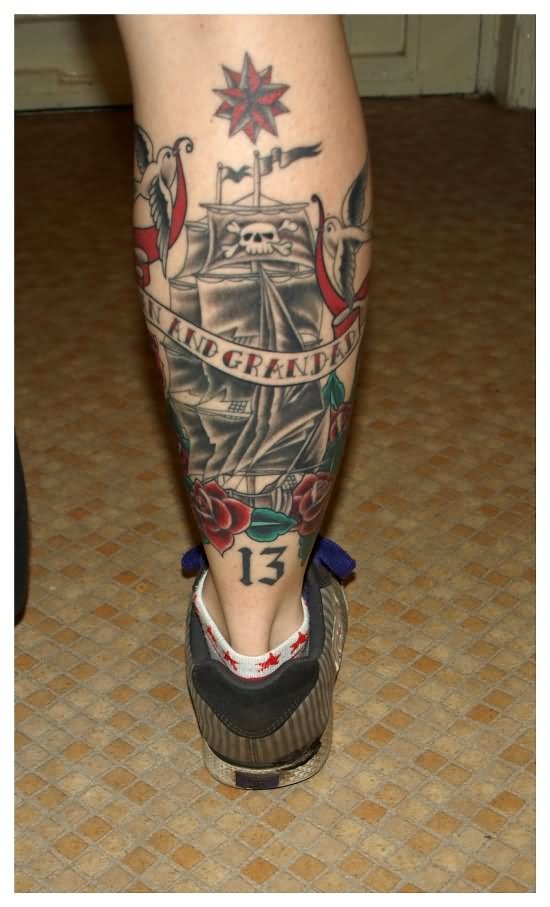Pirate Ship With Roses And Banner Tattoo On Right Leg Calf