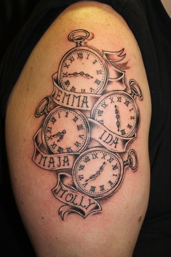 Pocket Watches With Name Banner Tattoo On Right Half Sleeve