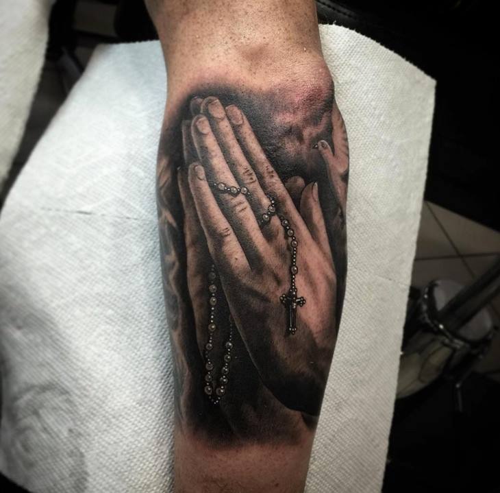Praying Hands With Rosary Tattoo On Left Arm by Danny Lepore