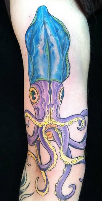 Purple And Blue Ink Squid Tattoo On Sleeve