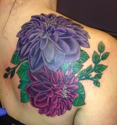 Purple Dahlia Flowers Tattoo On Right Back Shoulder