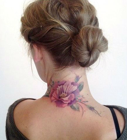 Purple Flower Tattoo On Girl Back Neck