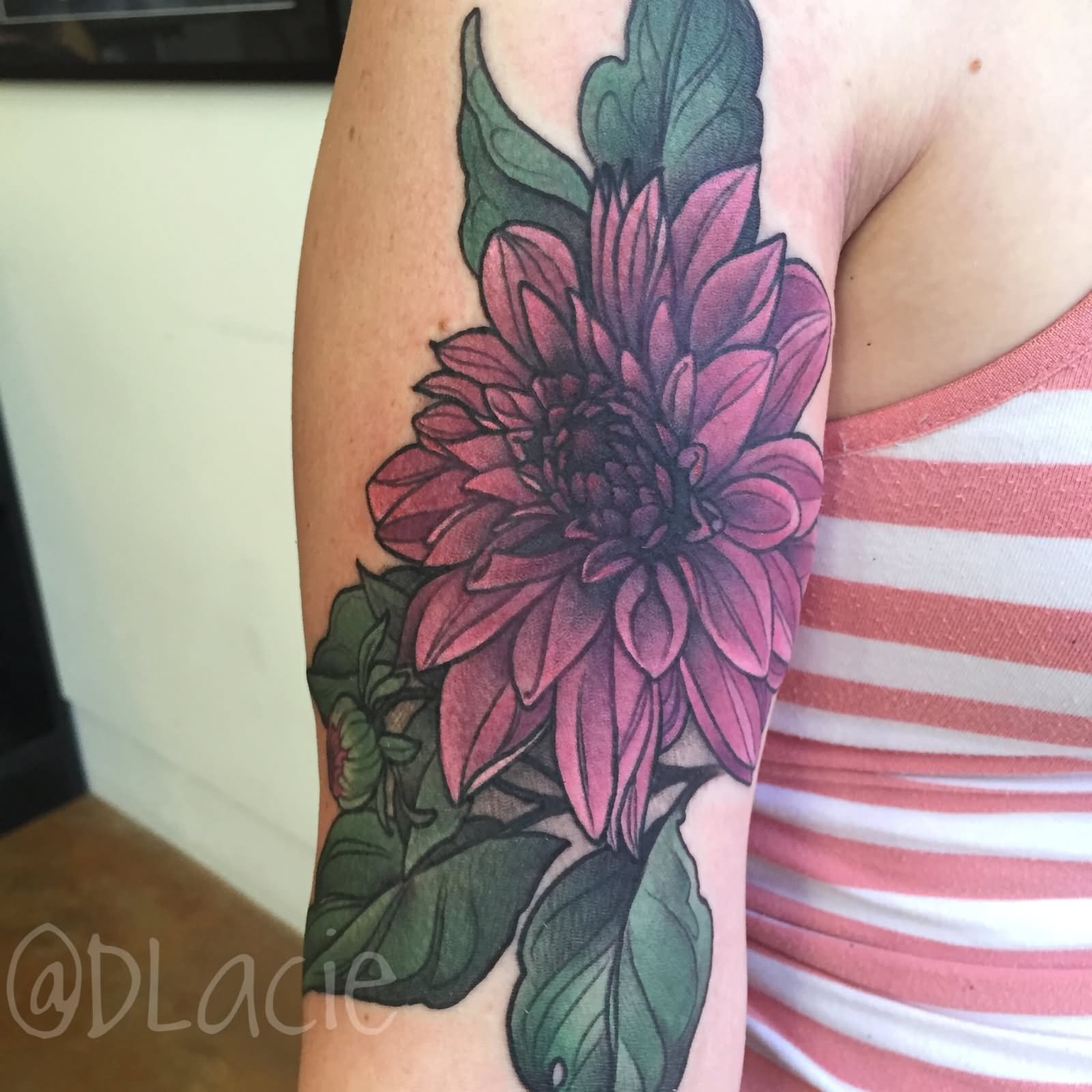 Purple Ink Dahlia Flower Tattoo On Right Half Sleeve