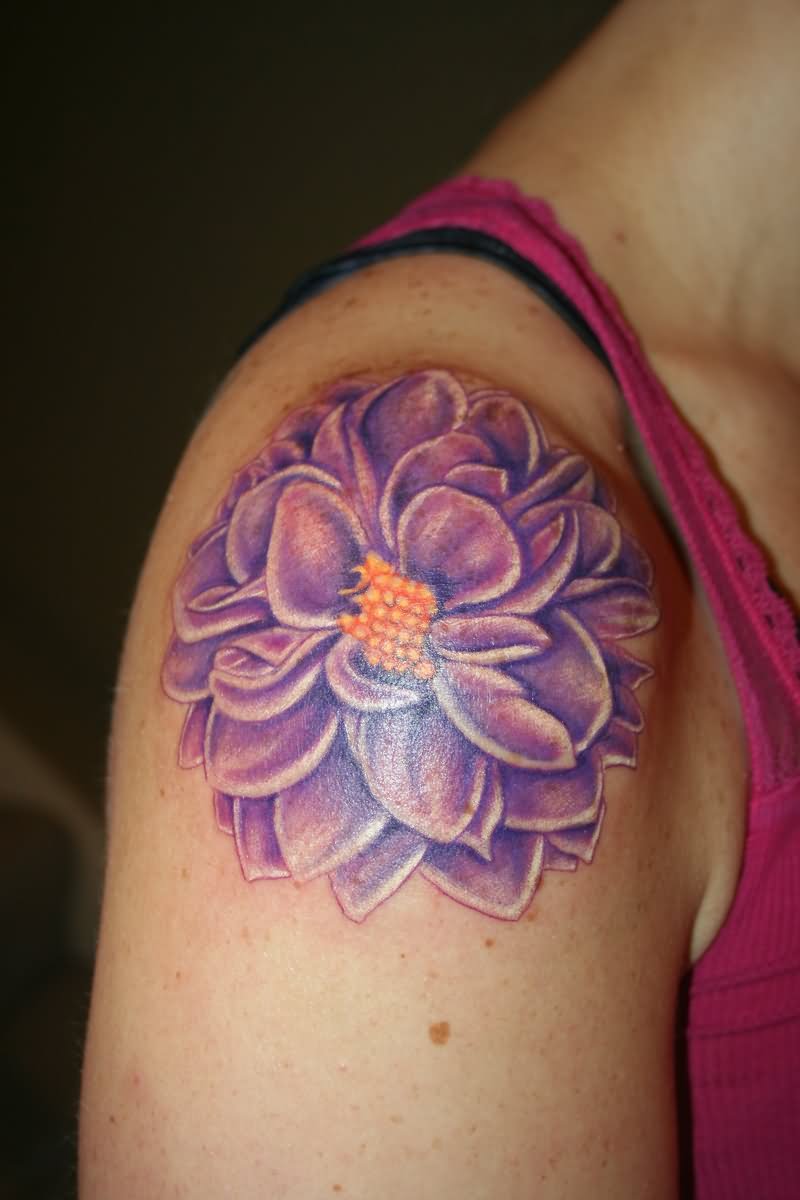Purple Ink Dahlia Flower Tattoo On Right Shoulder