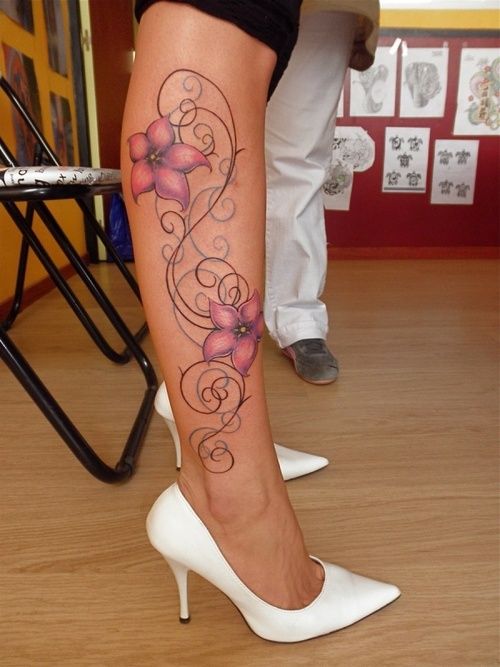 Purple Ink Flowers Tattoo On Girl Right Side Leg Calf By Stephcand
