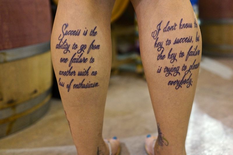 Quote Tattoo On Girl Both Leg Calf
