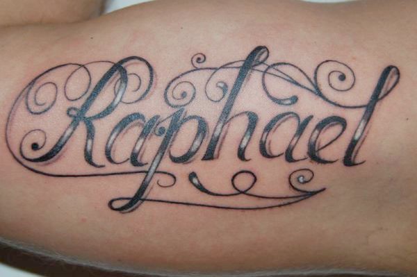 Raphael Name Tattoo Design For Bicep