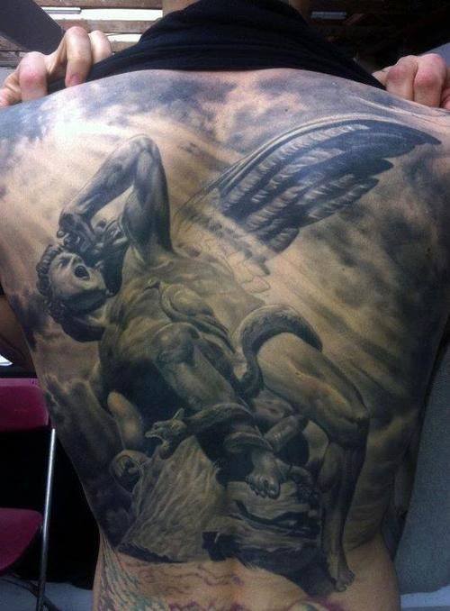 Realistic Grey Ink Angel Tattoo On Full Back