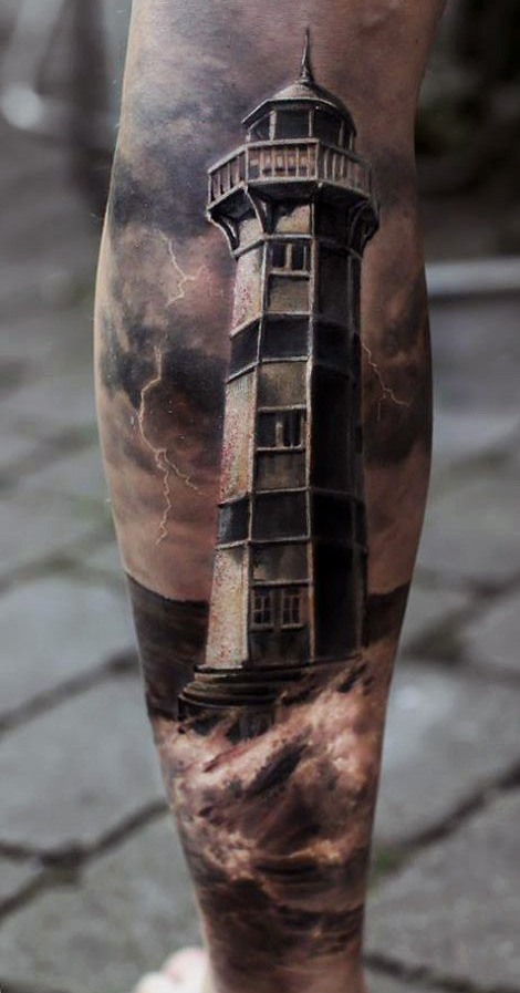 Realistic Light House Tattoo Design For Leg Calf