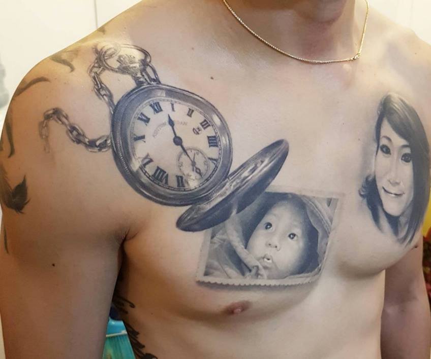 Realistic Pocket Watch And Portraits Tattoos On Chest