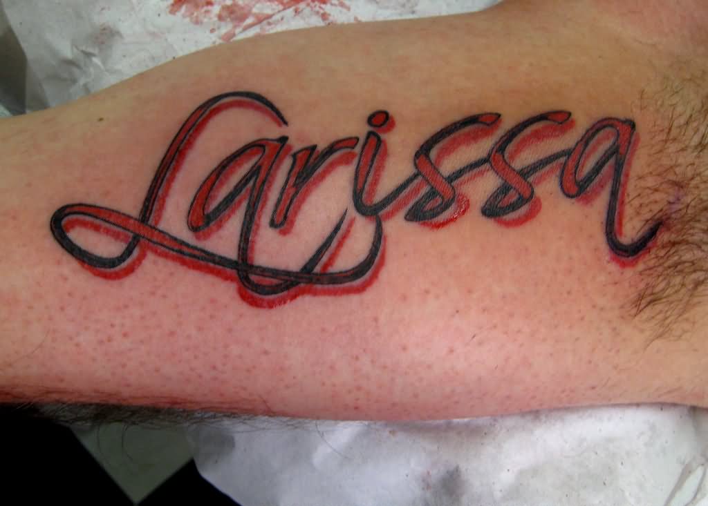 Red And Black Larissa Name Tattoo Design For Sleeve