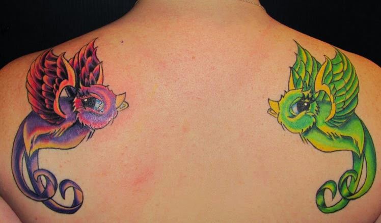 Red And Green Sparrow Tattoos On Back Shoulders