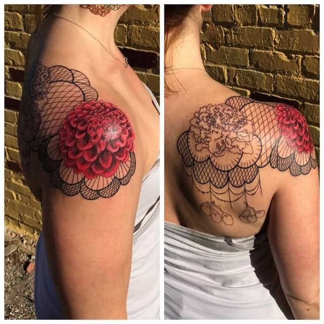 Red Dahlia Flower Tattoo On Girl Right Shoulder