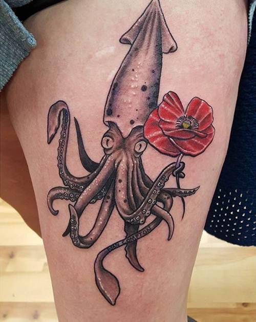 Red Flower And Squid Tattoo On Leg
