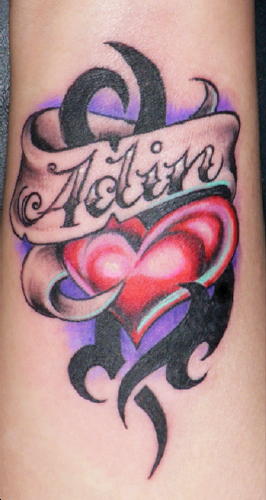 Red Heart With Adin Name Banner Tattoo Design