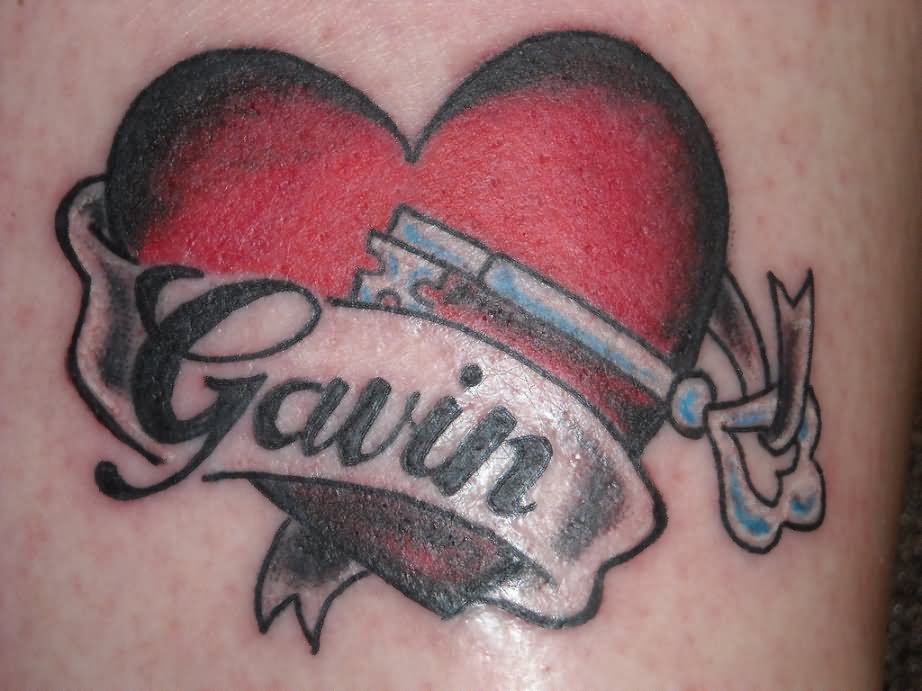 Red Heart With Key And Gavin Name Banner Tattoo Design