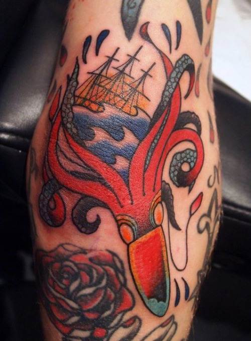 Red Ink Giant Squid Tattoo