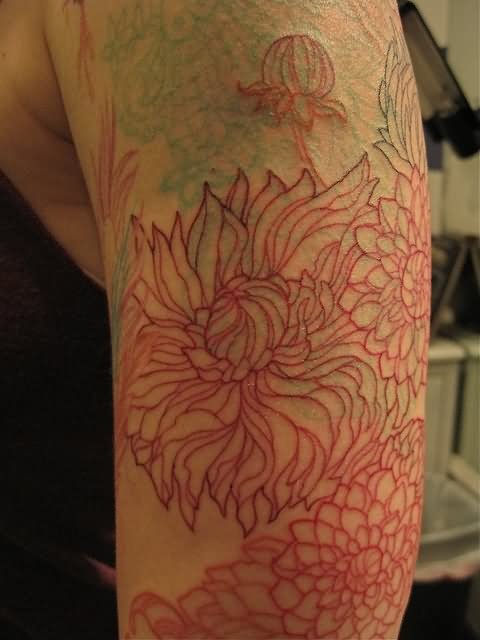 Red Outline Dahlia Flowers Tattoo On Left Half Sleeve