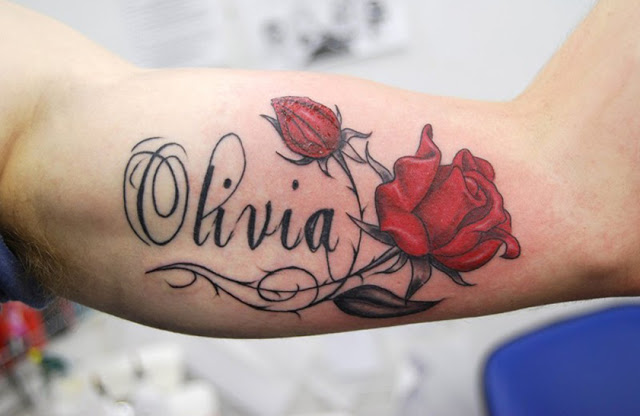 Red Roses With Olivia Baby Name Tattoo On Bicep
