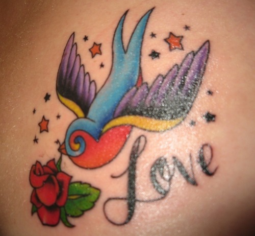 Rose And Colored Sparrow Tattoo