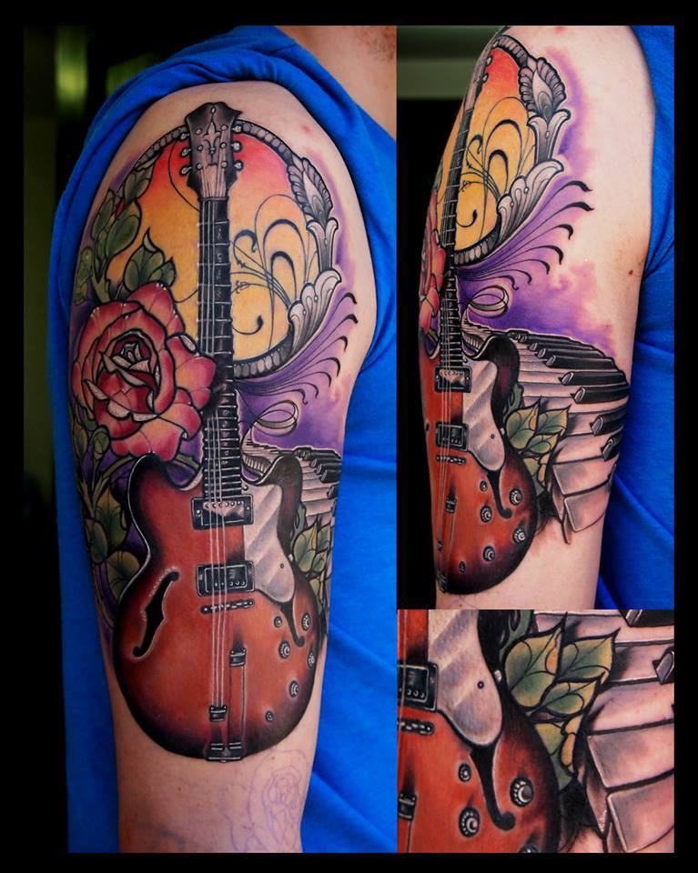 Rose And Guitar Tattoo On Right Half Sleeve