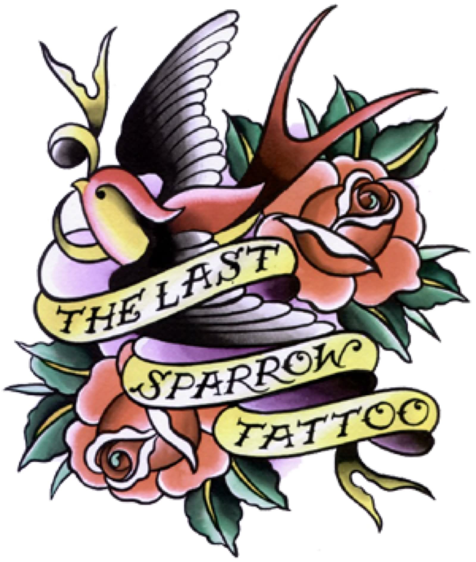 Roses And Banner Sparrow Tattoo Design