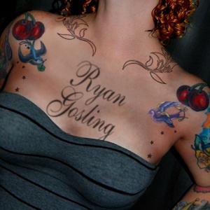 Ryan Gosling Name Tattoo On Women Chest