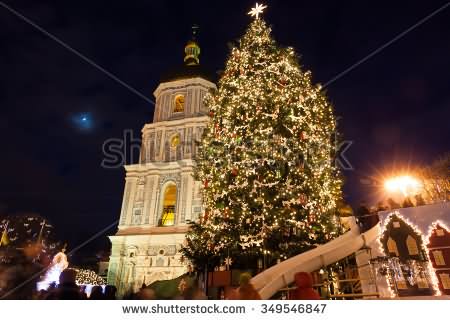 Saint Sophia Cathedral And Decorated Christmas Tree Lit Up At Night