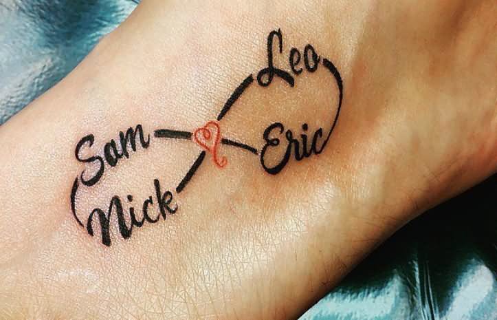 Sam, Leo, Nick And Eric Name With Infinity Tattoo Design For Wrist