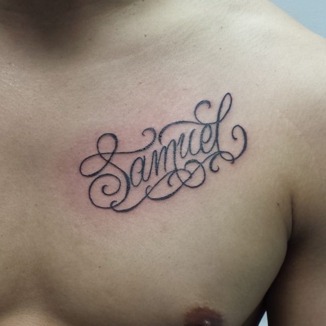 Samuel Name Tattoo On Man Chest