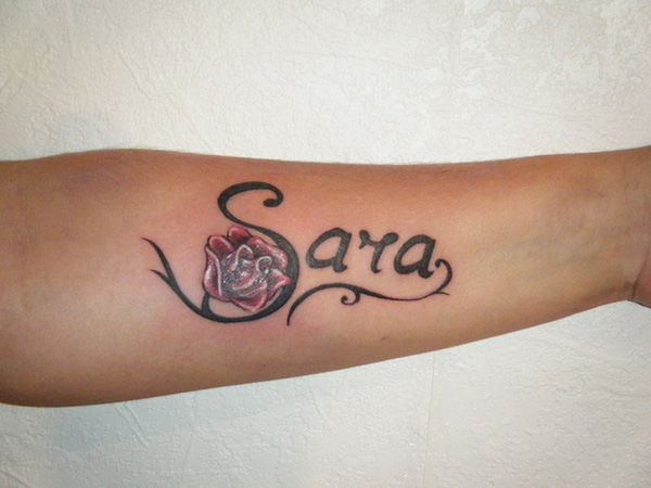 Sara Name With Rose Tattoo On Forearm