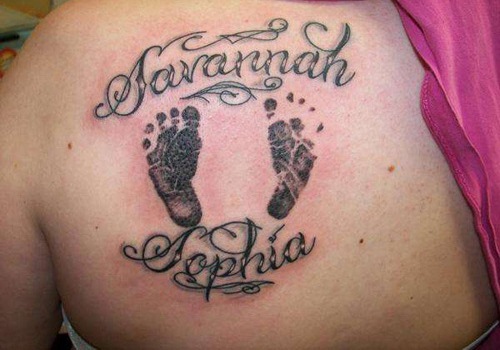 Savannah Sophia Name With Feet Print Tattoo On Left Back Shoulder