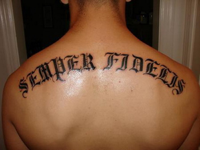 Semper Fidelis Words Tattoo On Man Upper Back
