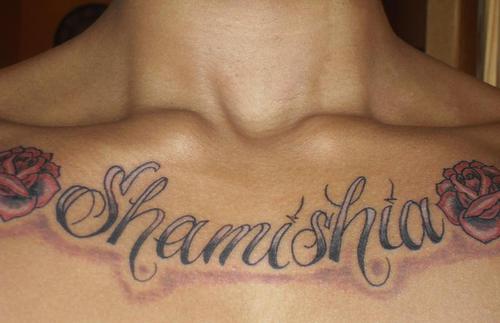 Shamishia Name With Roses Tattoo On Man Chest