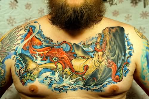 Shark And Squid Tattoo On Chest For Men