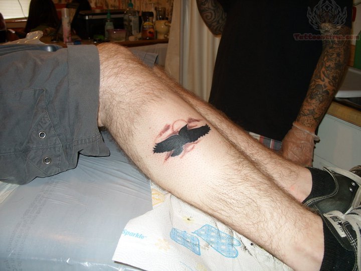 Silhouette Flying Bird Tattoo On Right Leg Calf