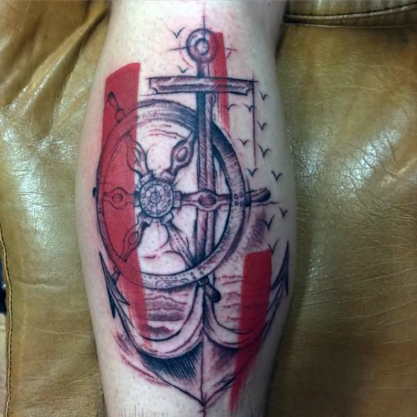 Simple Black And Grey Anchor With Ship Wheel Tattoo Design For Leg Calf