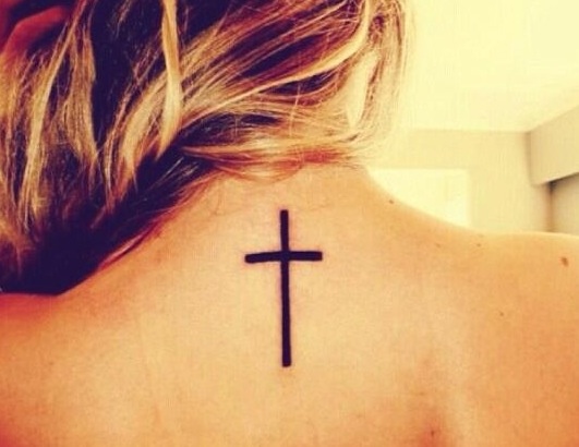 Simple Black Cross Tattoo On Girl Back Neck