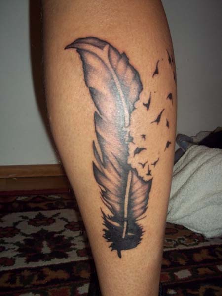 Simple Black Ink Feather With Flying Birds Tattoo Design For Leg Calf