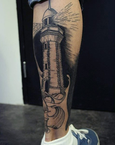 Simple Black Ink Lighthouse Tattoo On Right Leg Calf