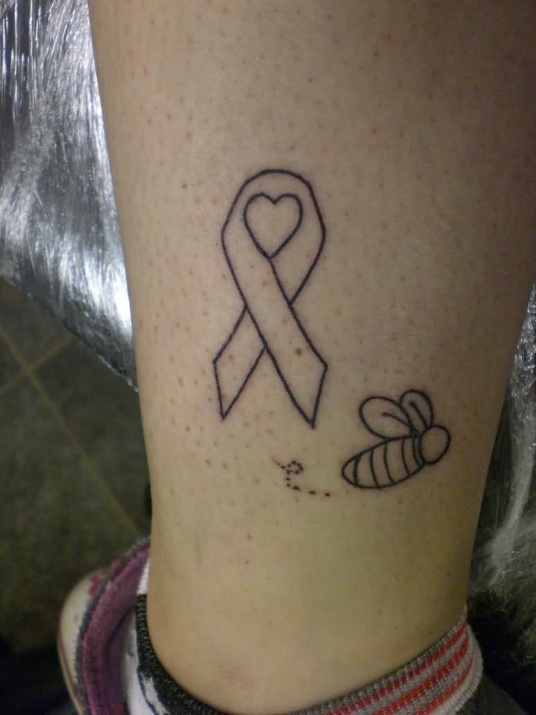 Simple Black Outline Cancer Ribbon With Bee Tattoo Design For Leg Calf