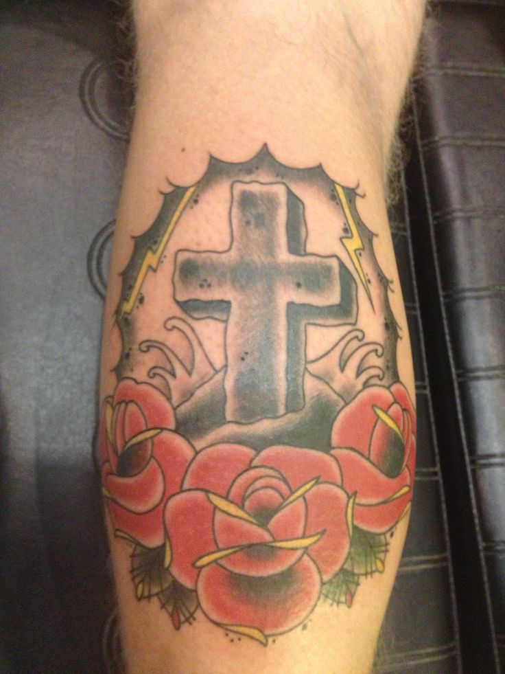 Simple Cross With Roses Tattoo Design For Leg Calf By Biggs