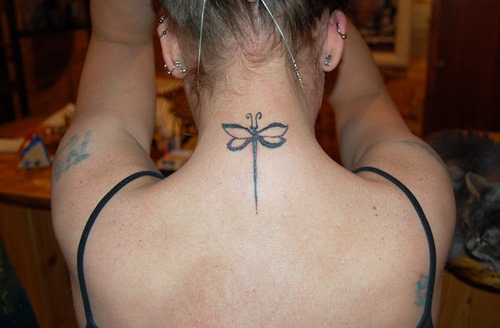 Simple Dragonfly Tattoo On Girl Back Neck