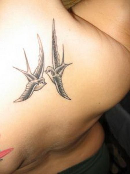 Simple Grey Sparrow Tattoos On Upper Back