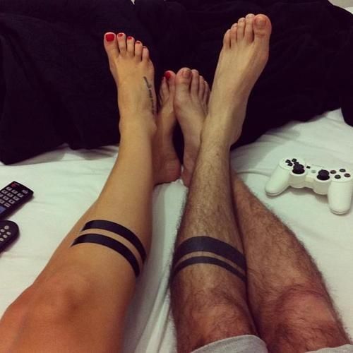 Simple Line Band Tattoo On Couple Leg