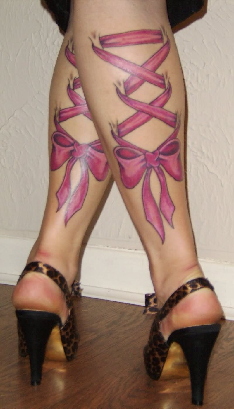 Simple Pink Ink Corset Tattoo On Girl Both Leg Calf