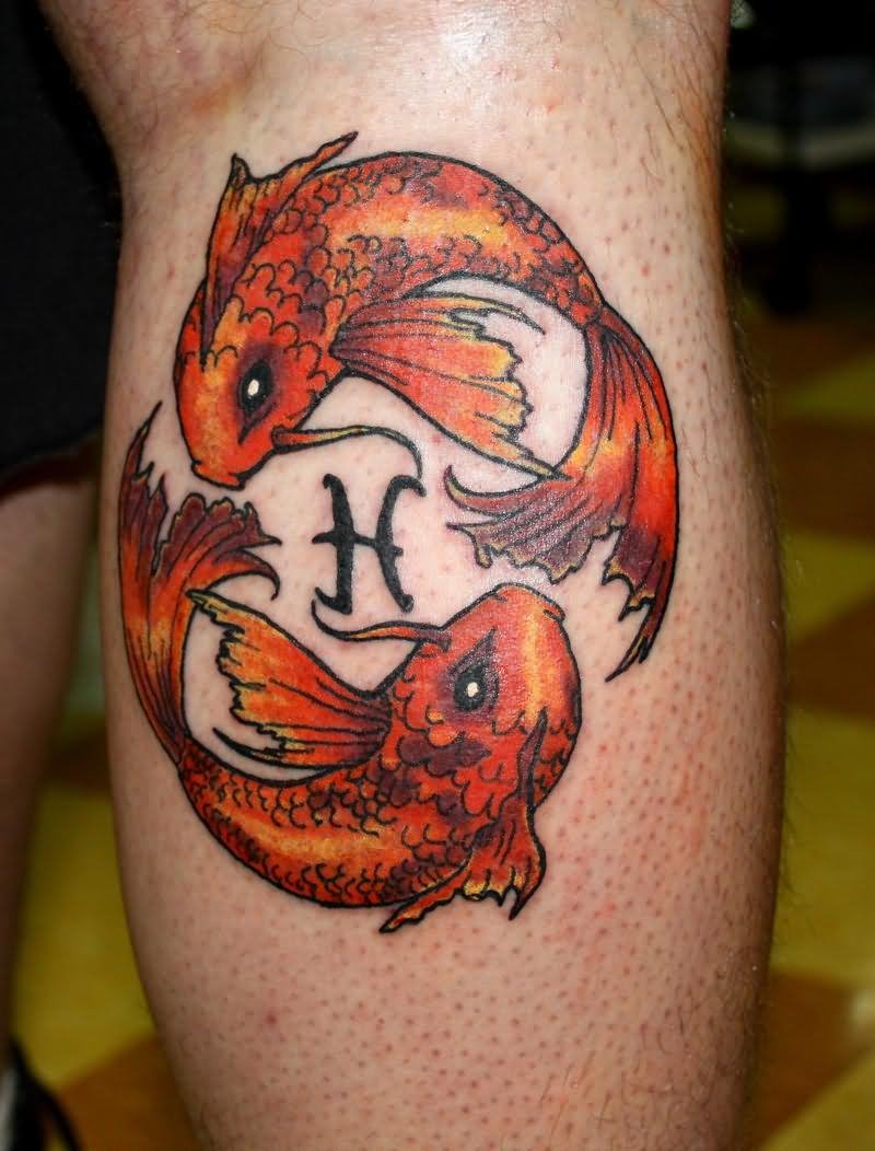 Simple Pisces Tattoo On Right Leg Calf